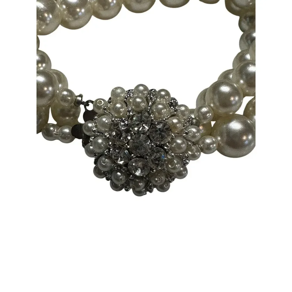 3 Strand Faux Pearl Bracelet Crystal Pearl Statement Elegant Hollywood Glam
